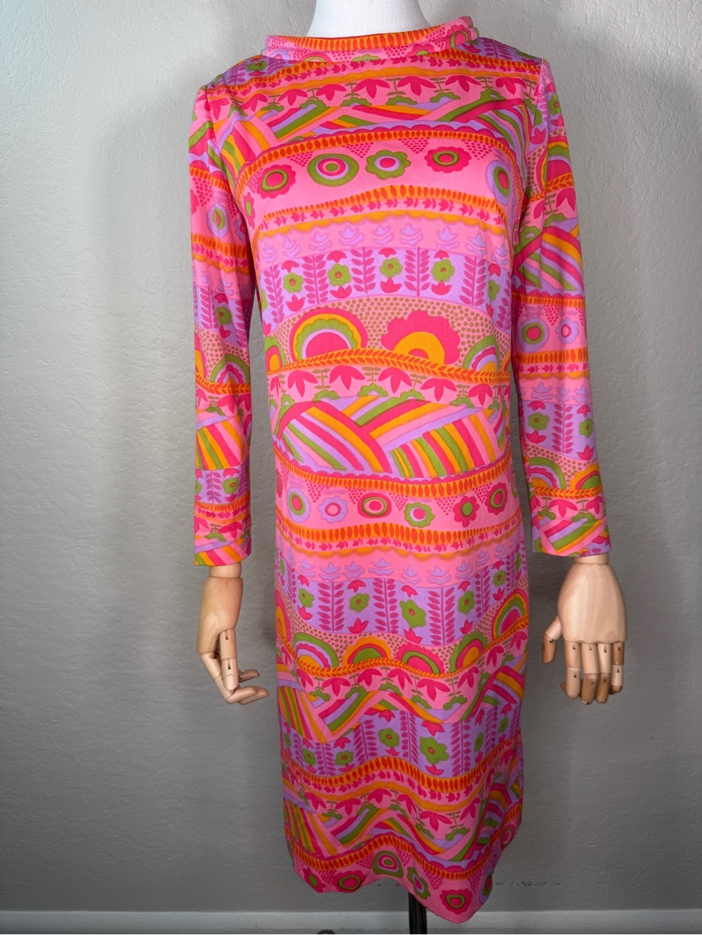 Vintage Domani Knits 1960s Psychedelic Floral MOD Shift Dress SMALL EUC